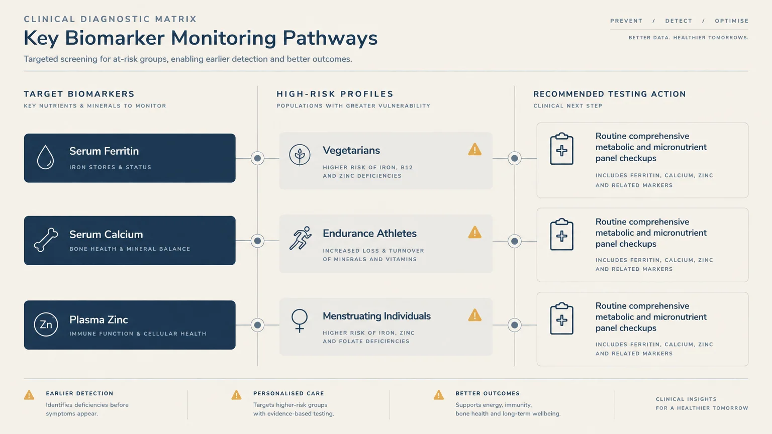 Diagram mapping target biomarkers like serum ferritin to high-risk profiles like vegetarians and recommended checkups.
