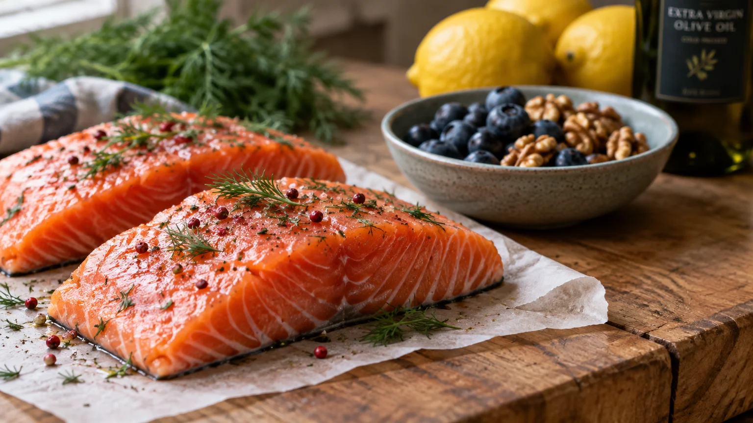 Raw salmon fillets seasoned with herbs beside a bowl of blueberries and walnuts, lemons, and olive oil on a wooden table.