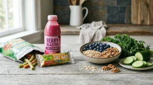 Packaged snacks and a berry smoothie bottle alongside a bowl of oats, blueberries, walnuts, kale, and cucumber slices.