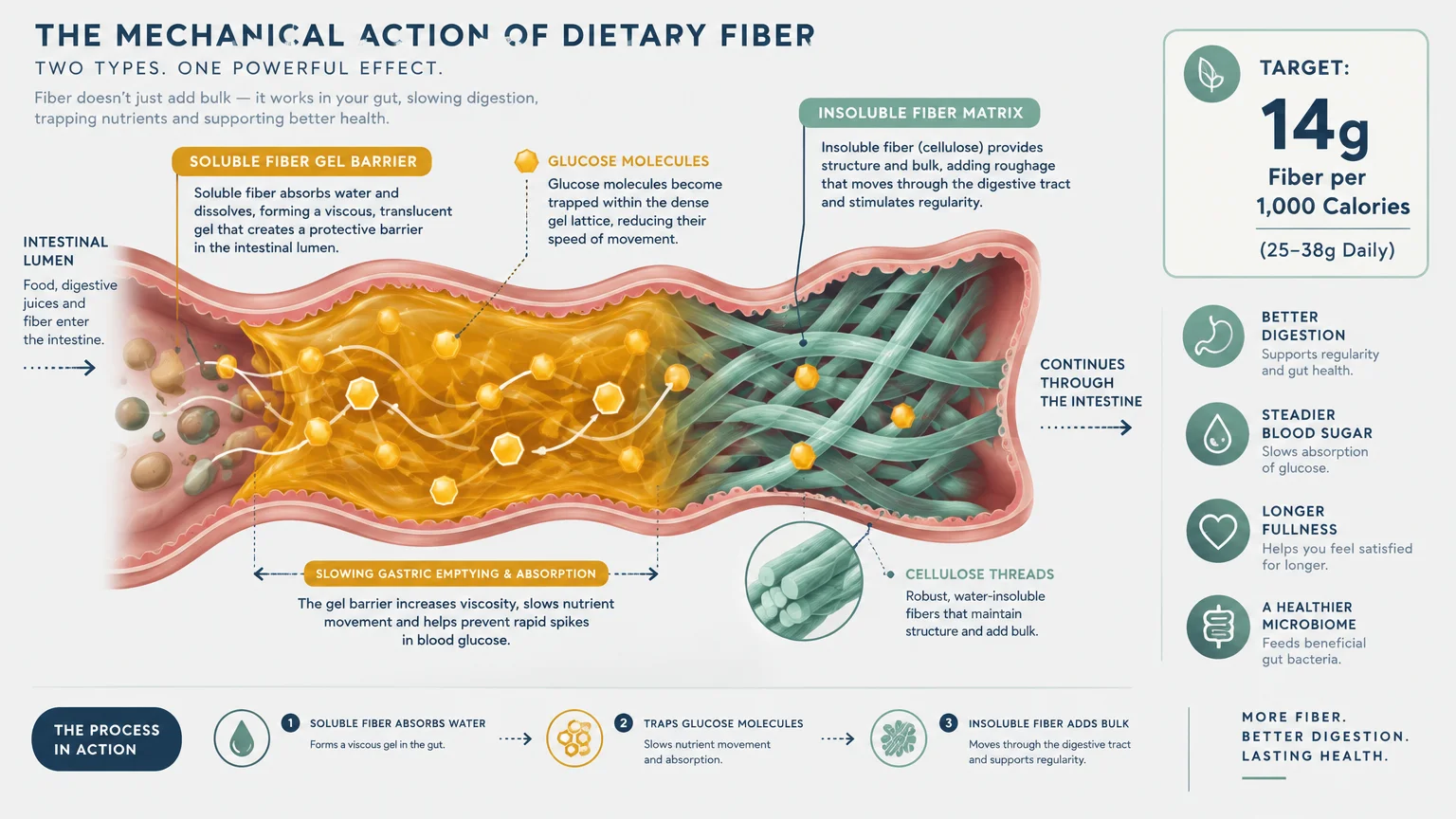 Diagram of soluble fiber gel and insoluble fiber matrix trapping glucose molecules in the intestinal tract.