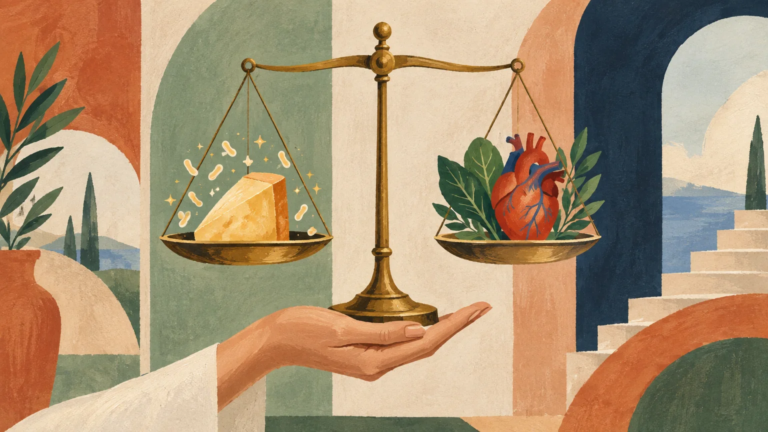 Hand balancing a brass scale holding a wedge of cheese on one side and an anatomical heart with leaves on the other.