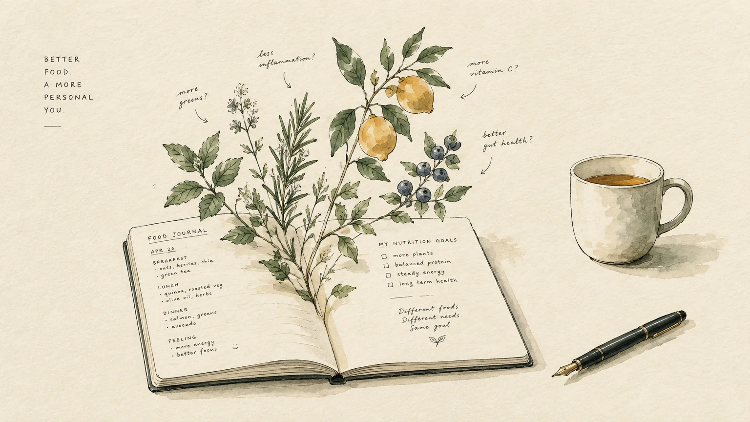 Watercolor illustration of an open food journal with botanical branches, lemons, and berries growing from its pages.