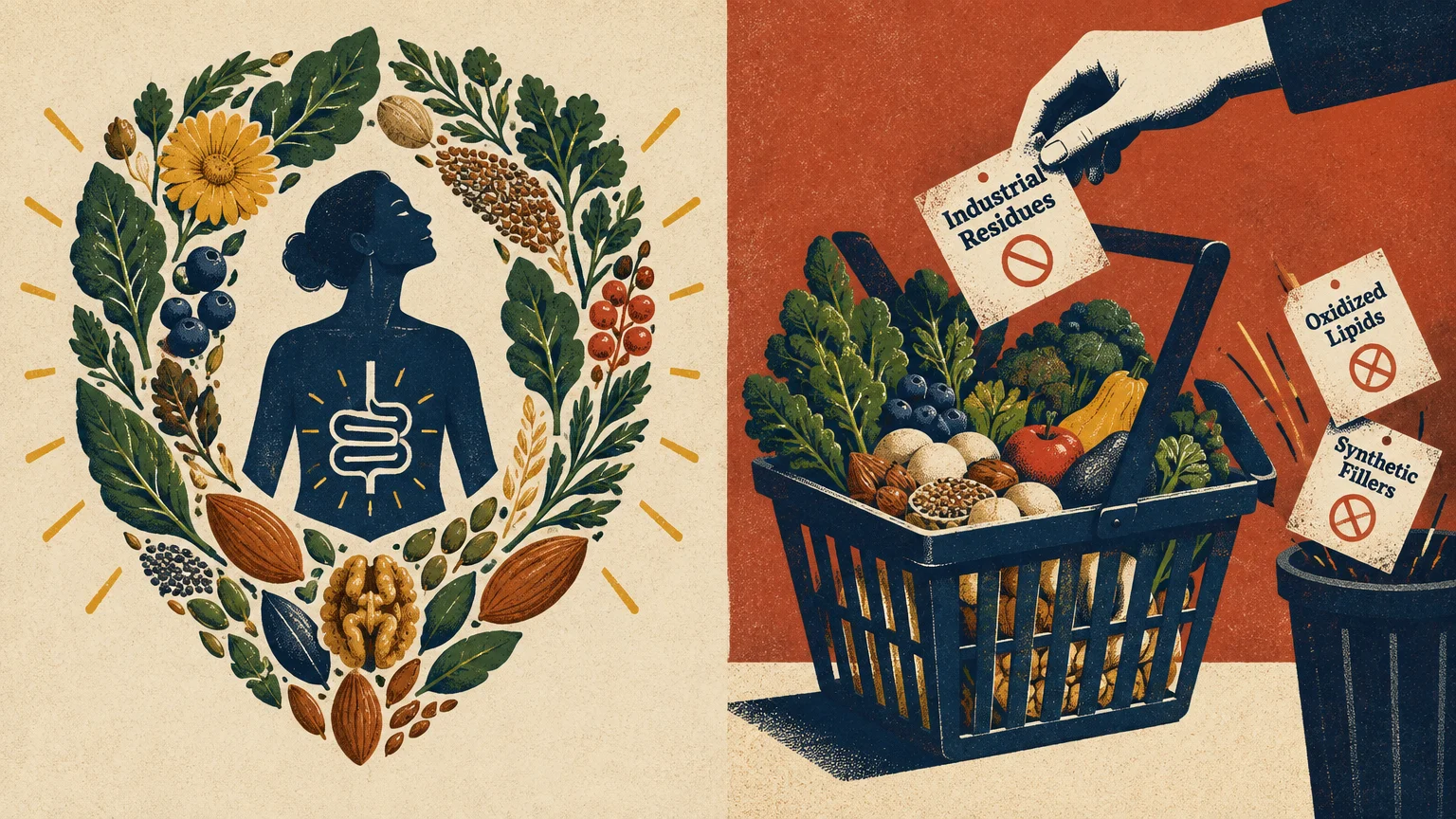 Split illustration of gut health surrounded by botanicals beside a grocery basket discarding labels into a bin.