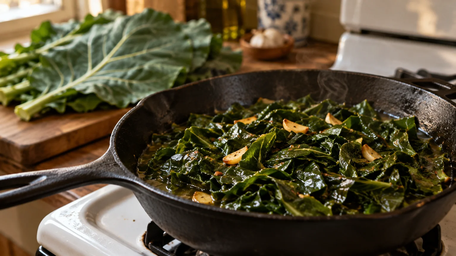 Cooked chopped greens simmering with garlic in a cast-iron skillet on a stovetop, beside raw collard leaves on a board.