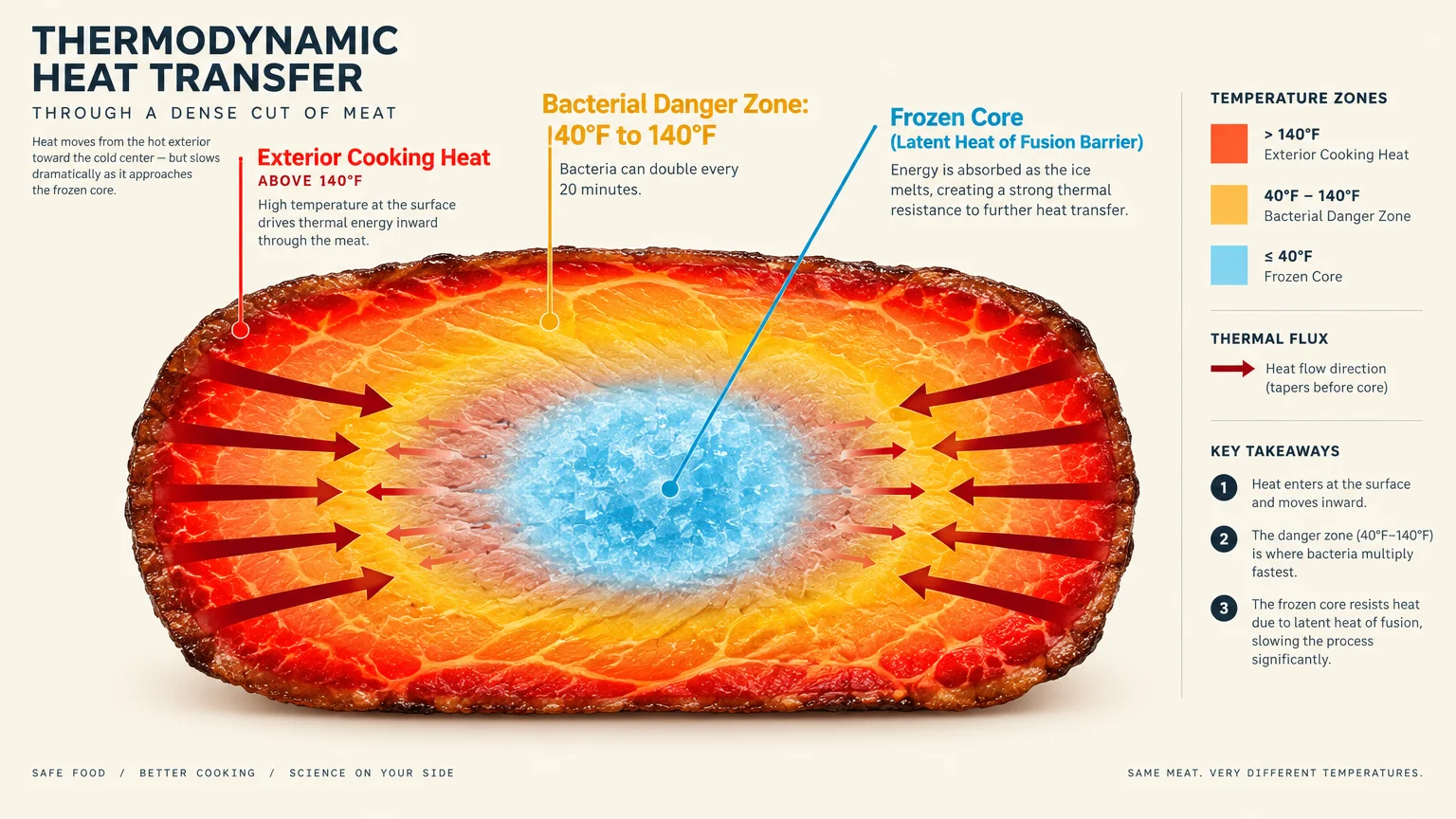 Cross-section diagram of meat showing heat transfer from an exterior cooking zone past a danger zone to a frozen core.