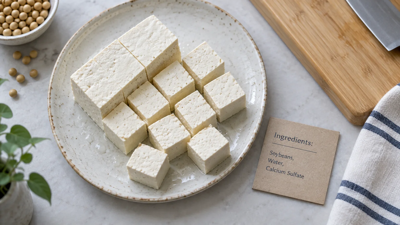 Cubed firm tofu on a ceramic plate beside an ingredient card listing soybeans, water, and calcium sulfate.