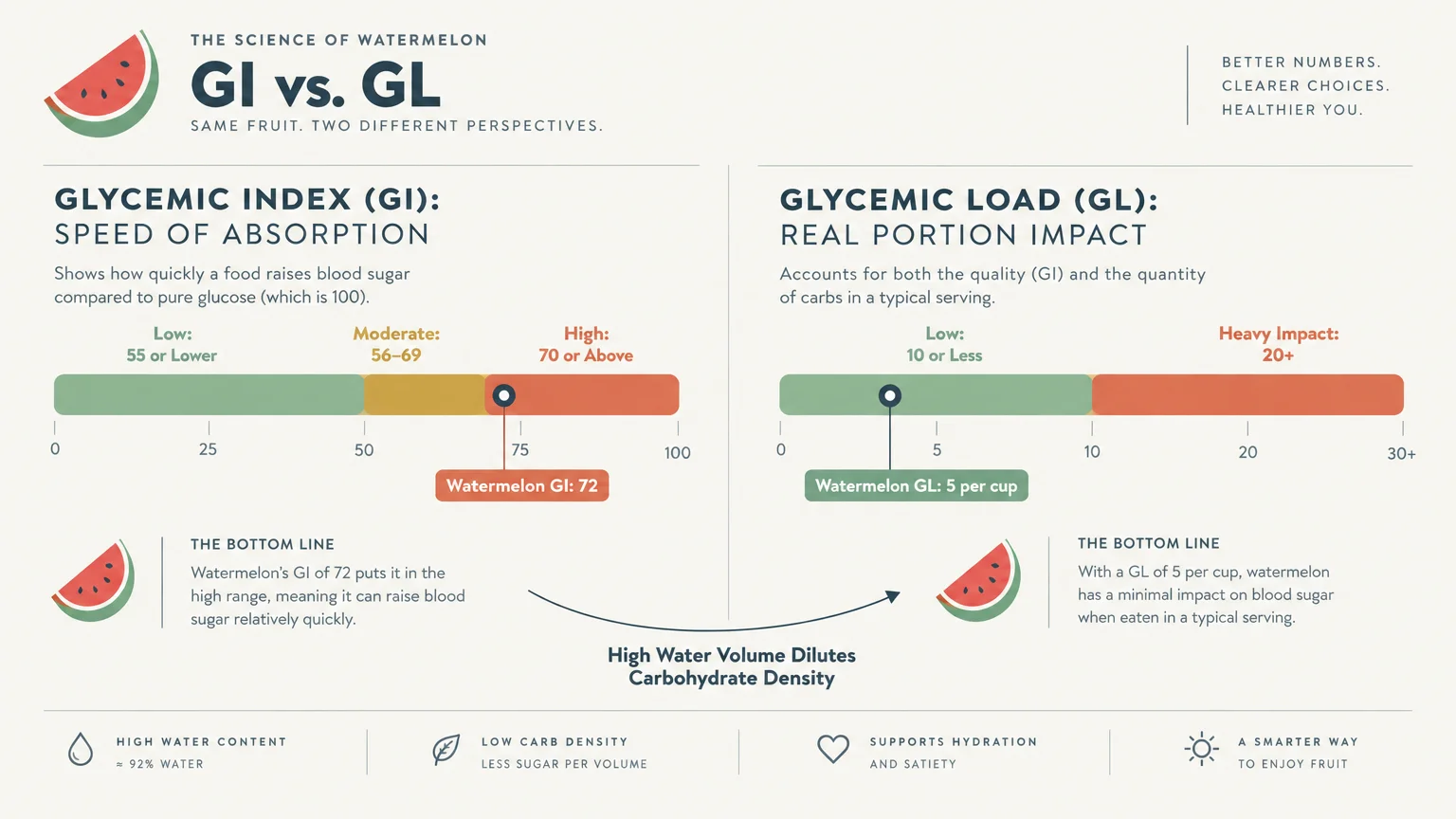Diagram comparing watermelon's high glycemic index of 72 to its low glycemic load of 5 per cup.
