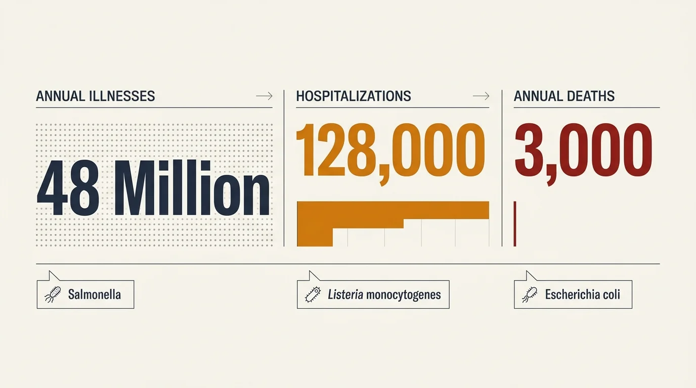 Diagram showing 48 Million annual illnesses, 128,000 hospitalizations, and 3,000 annual deaths alongside three pathogens.