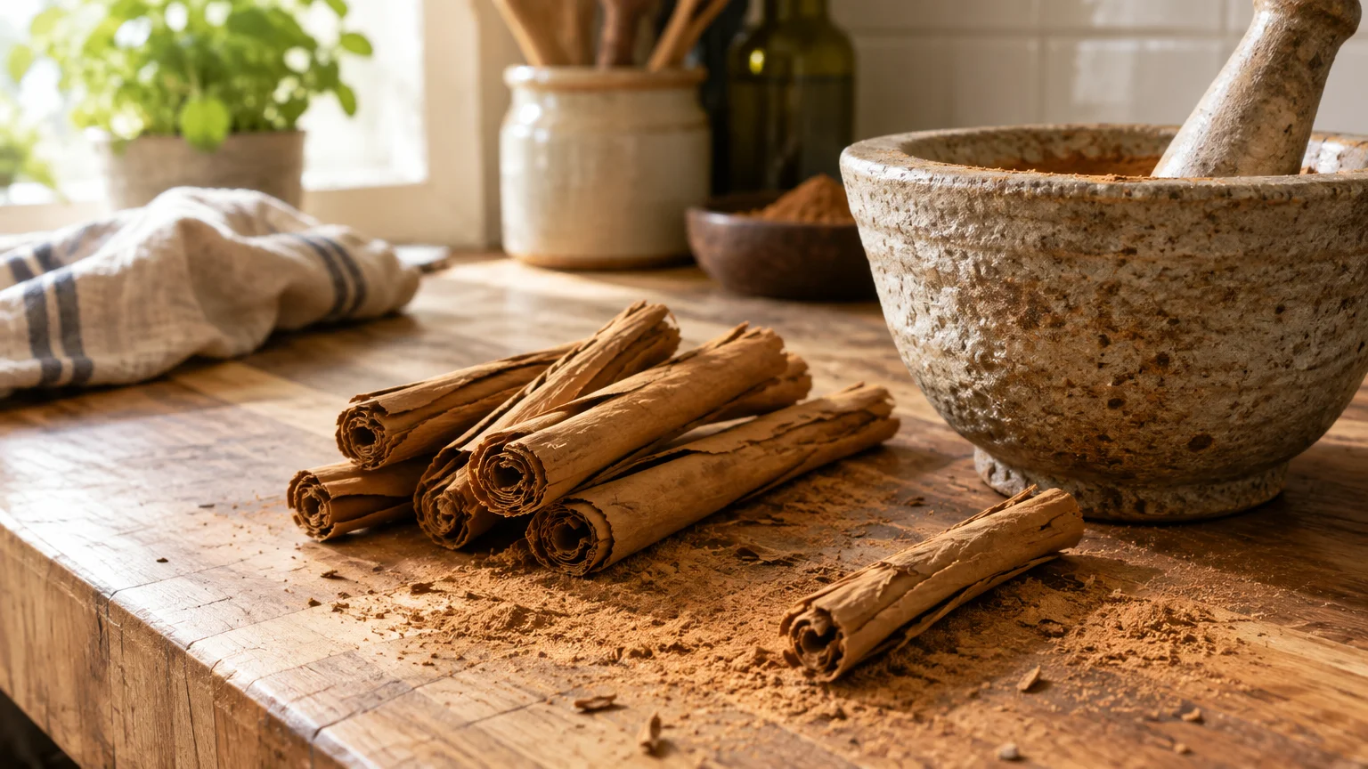 Cinnamon sticks resting on a wooden countertop next to ground cinnamon and a stone mortar and pestle.