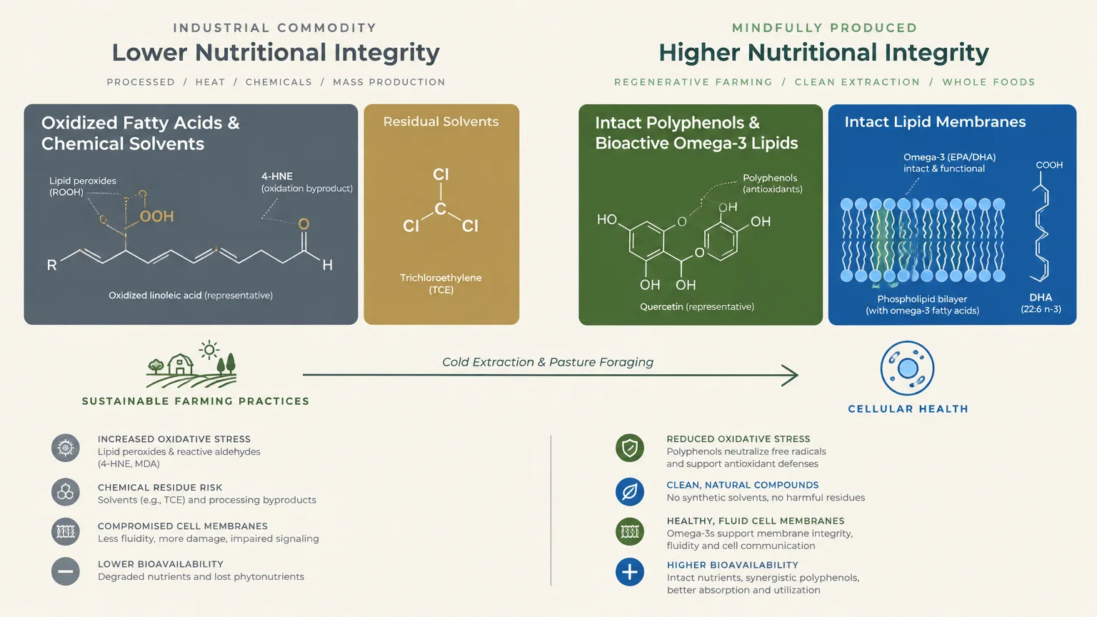 Diagram comparing molecular structures and health impacts of industrial commodity foods versus mindfully produced foods.