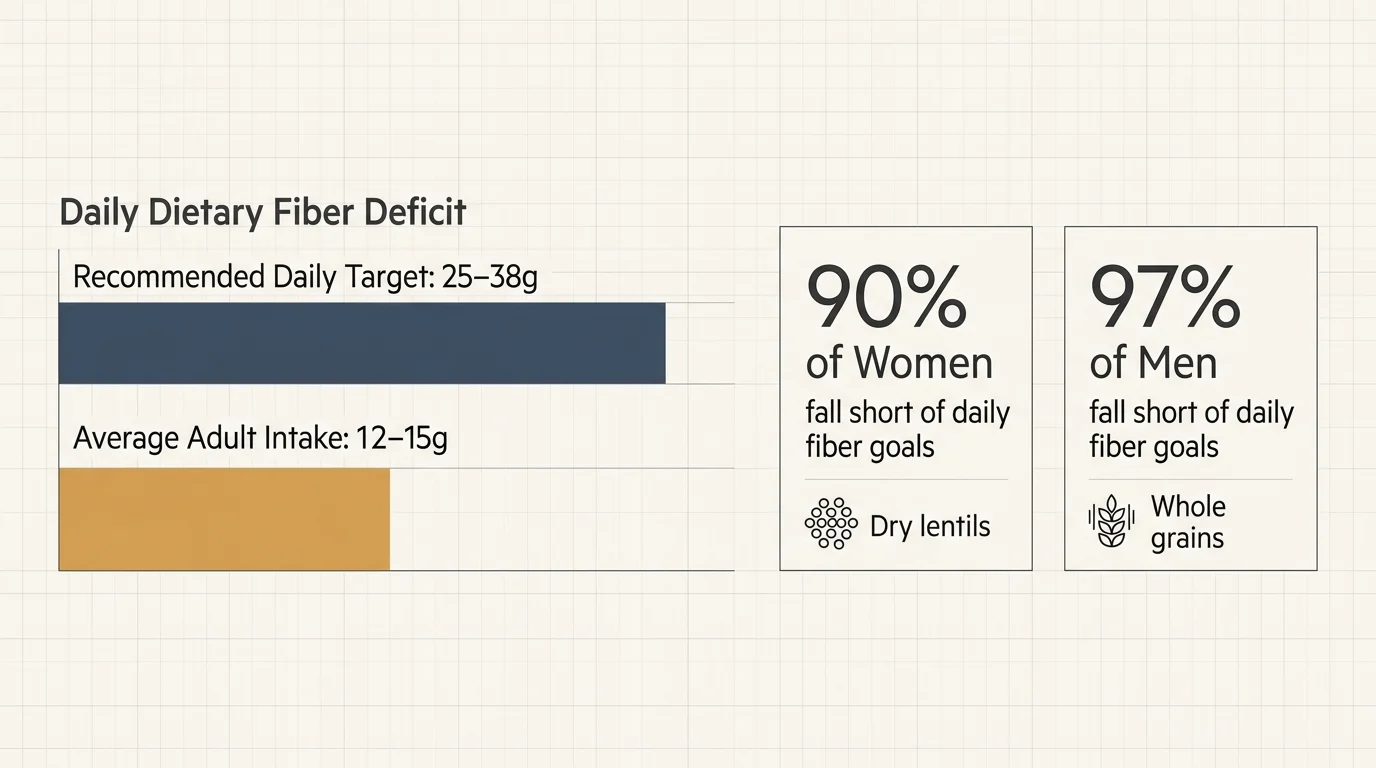 Bar graph comparing fiber target to intake beside cards showing 90% of women and 97% of men falling short of fiber goals.