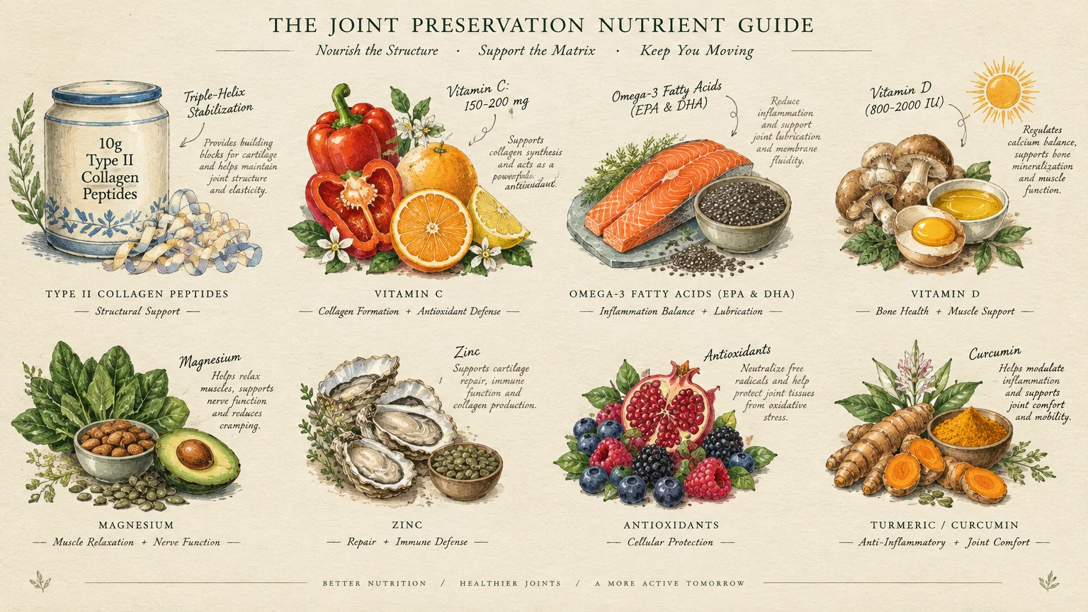 Nutrient guide chart illustrating foods for joint health including collagen, citrus fruits, salmon, seeds, and turmeric.