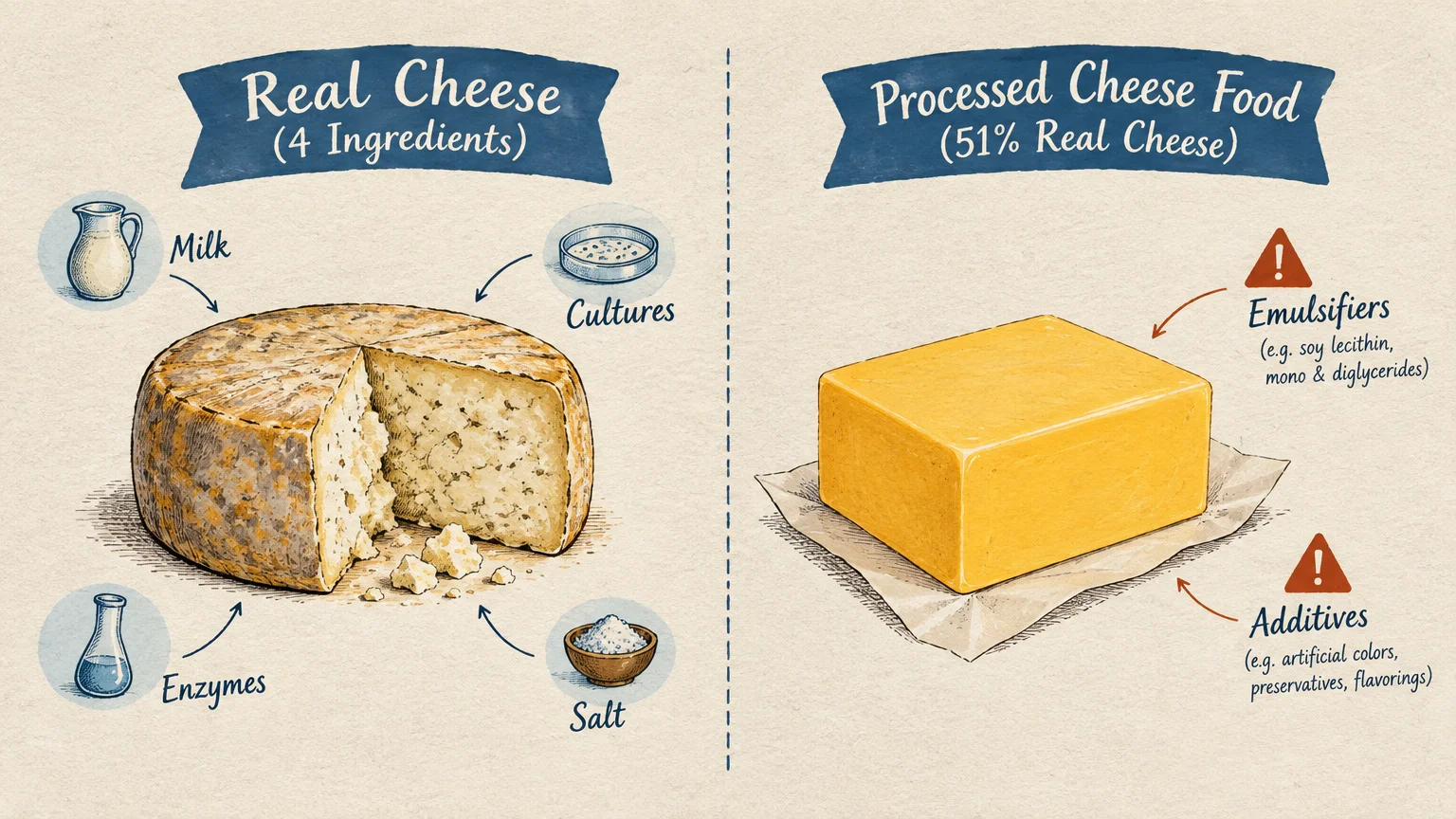 Illustration comparing a natural cheese wheel made from four ingredients with a block of processed cheese food.