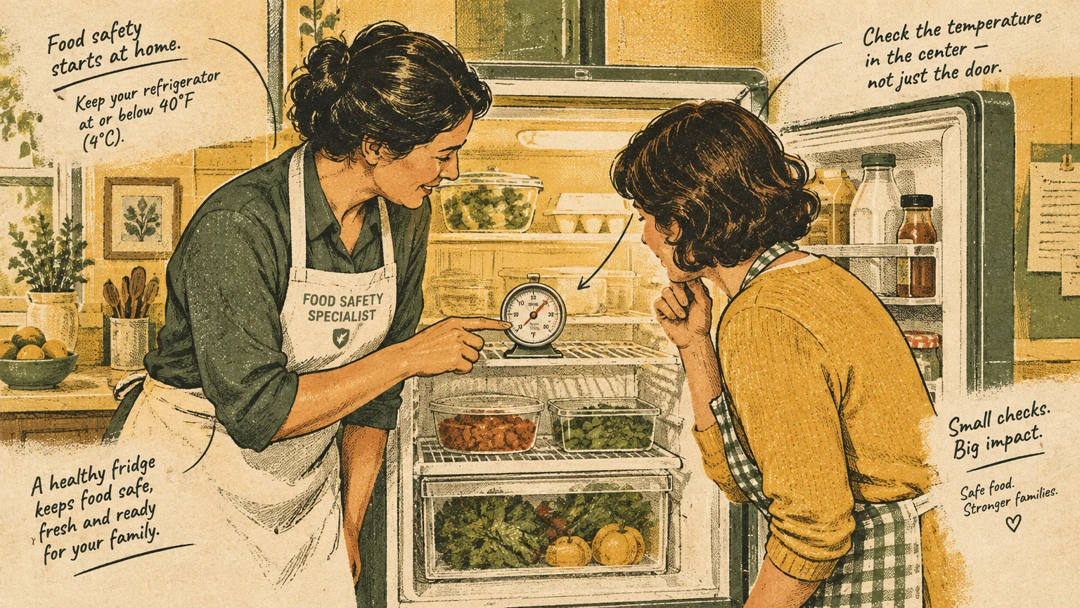Illustration of a food safety specialist pointing to a refrigerator thermometer for a woman looking inside her fridge.