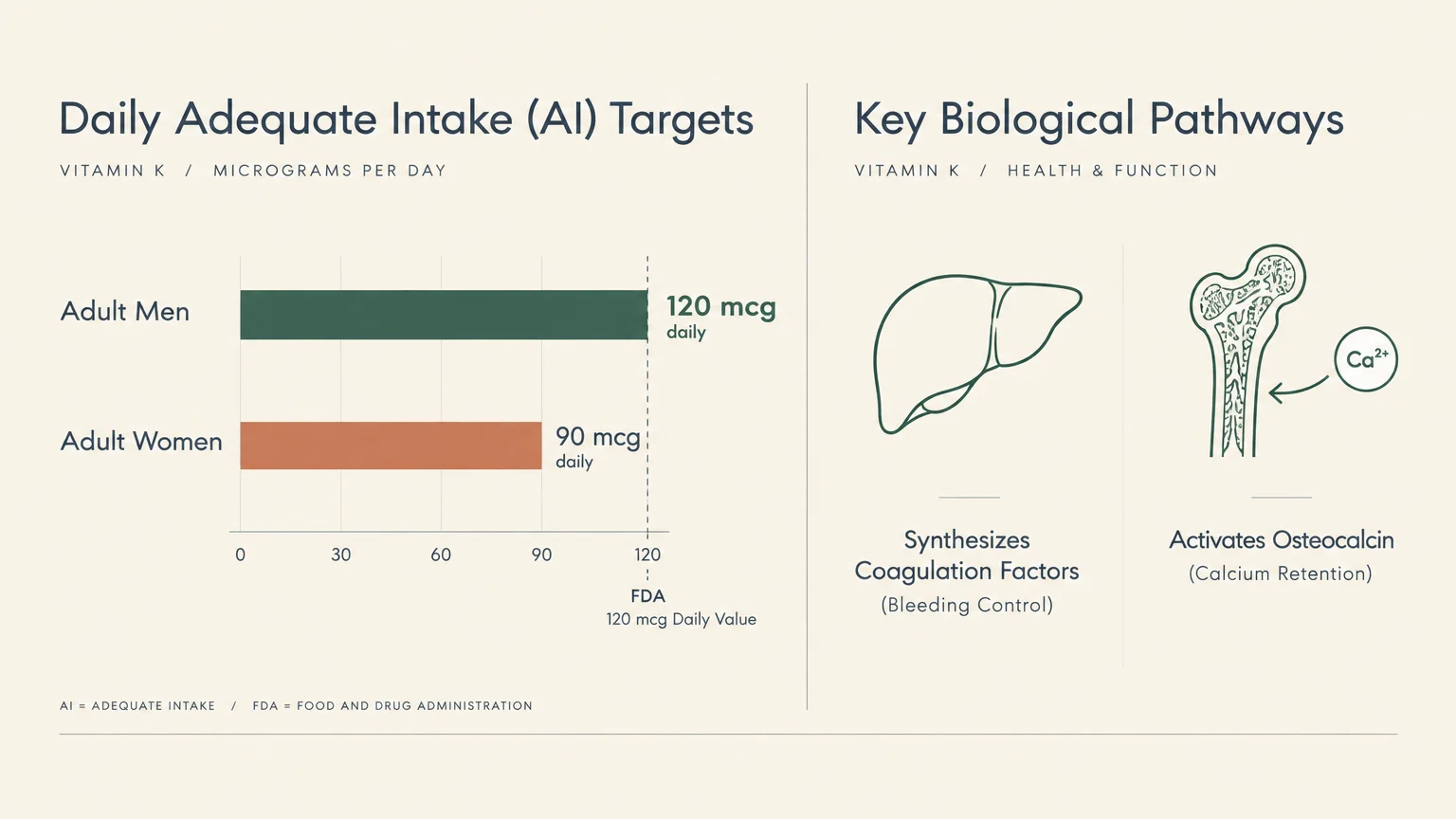 Diagram showing daily vitamin K intake targets alongside illustrations of liver coagulation and bone calcium retention.