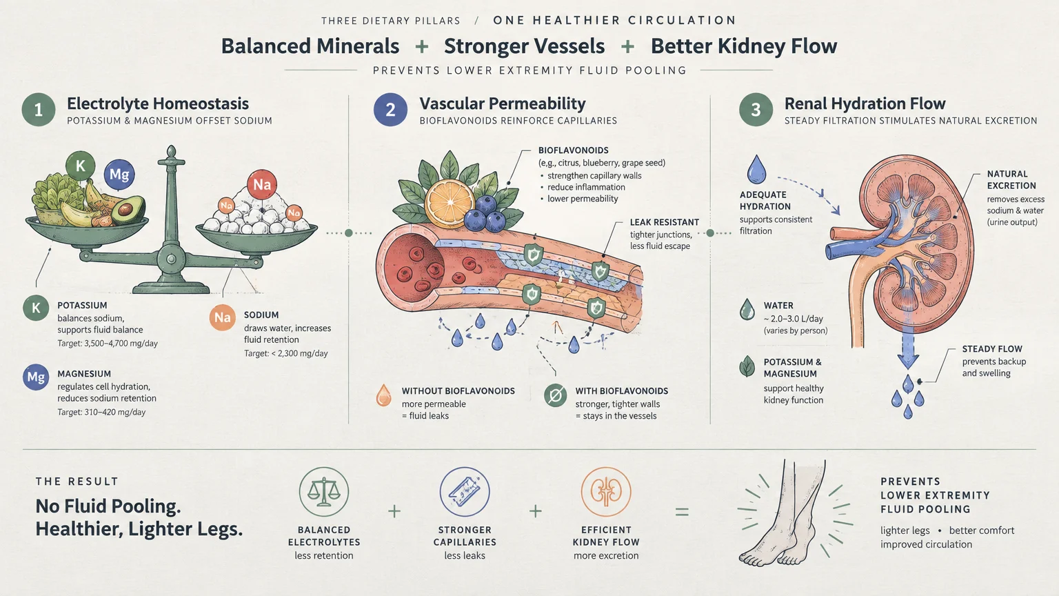Infographic showing three pillars for circulation: electrolyte balance scale, blood vessel permeability, and kidney flow.