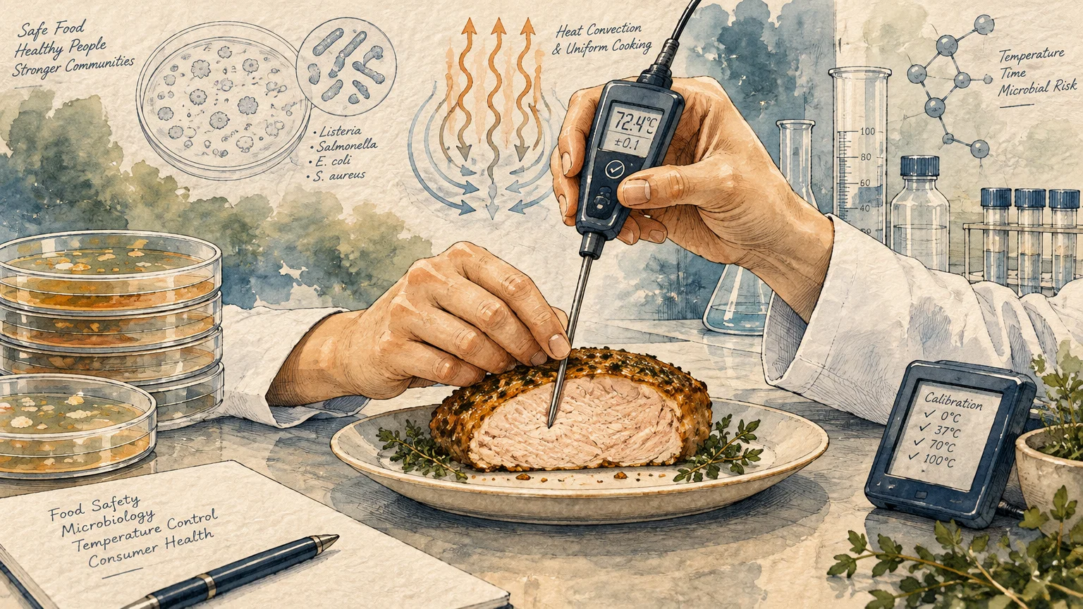 Illustration of a scientist in a lab inserting a digital thermometer probe into a cooked piece of meat beside petri dishes.