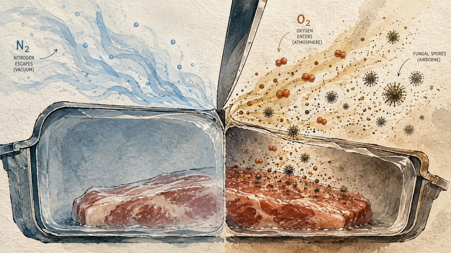 Diagram of packaged meat opened with a knife, showing escaping nitrogen and incoming oxygen and airborne spores.