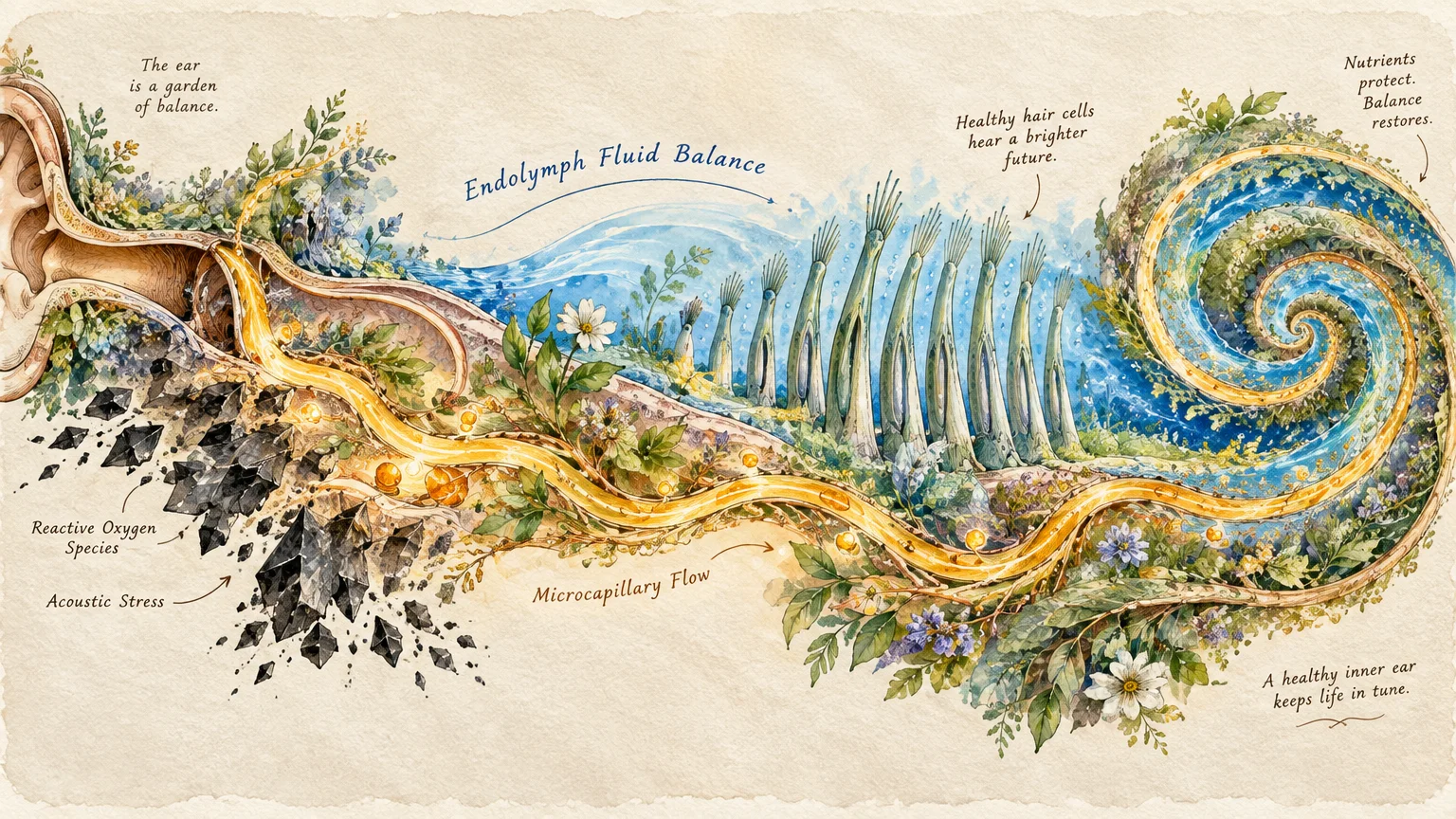 Watercolor cross-section of an ear canal blending into a botanical spiral cochlea with labels and flow pathways.