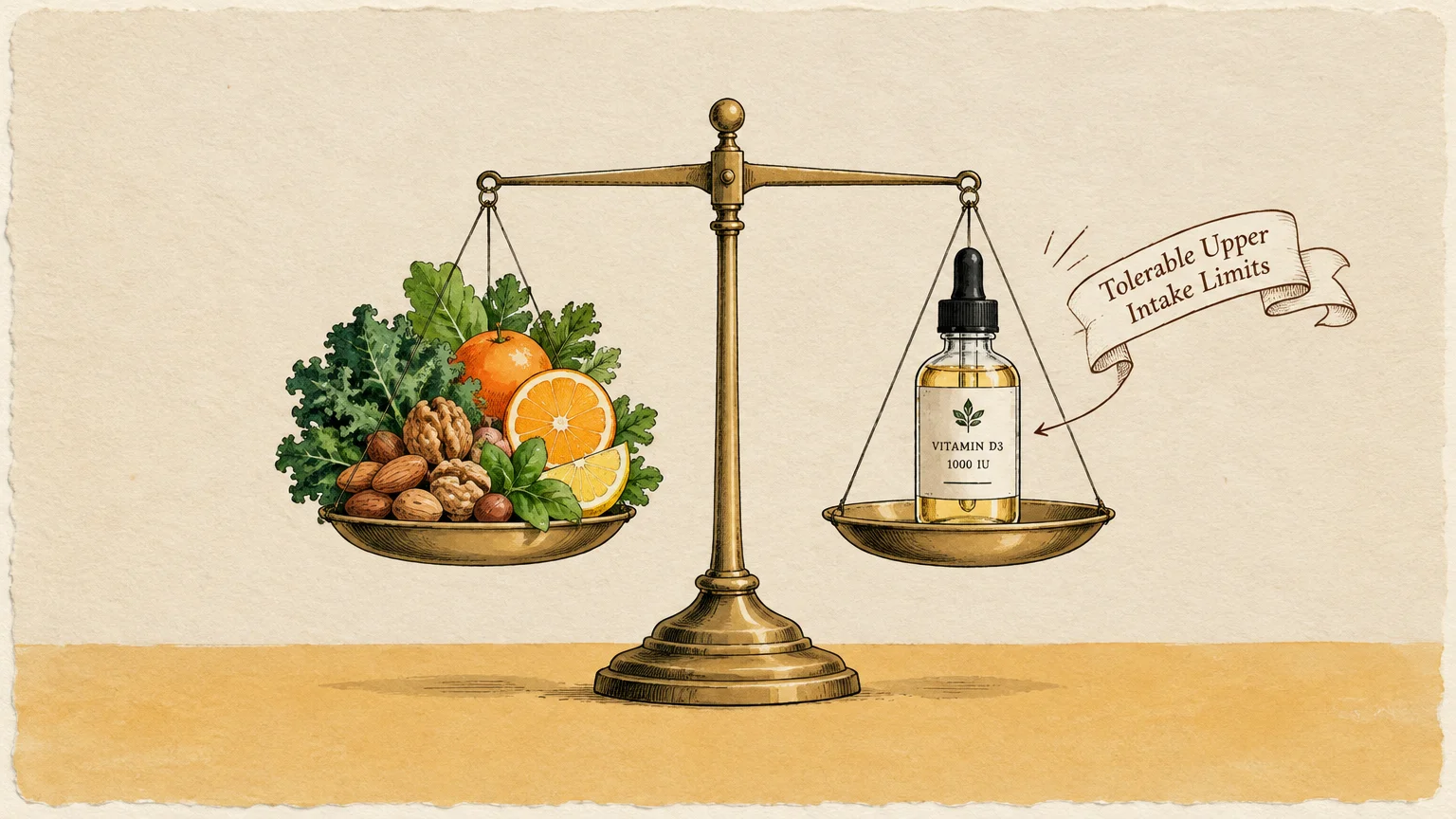 Brass balance scale holding fresh produce and nuts on one pan and a dropper bottle of vitamin D3 on the other.