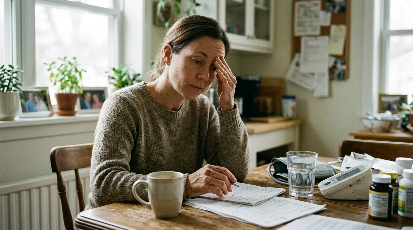 A woman sitting at a table rubs her forehead near a blood pressure monitor, glass of water, and pill bottles.
