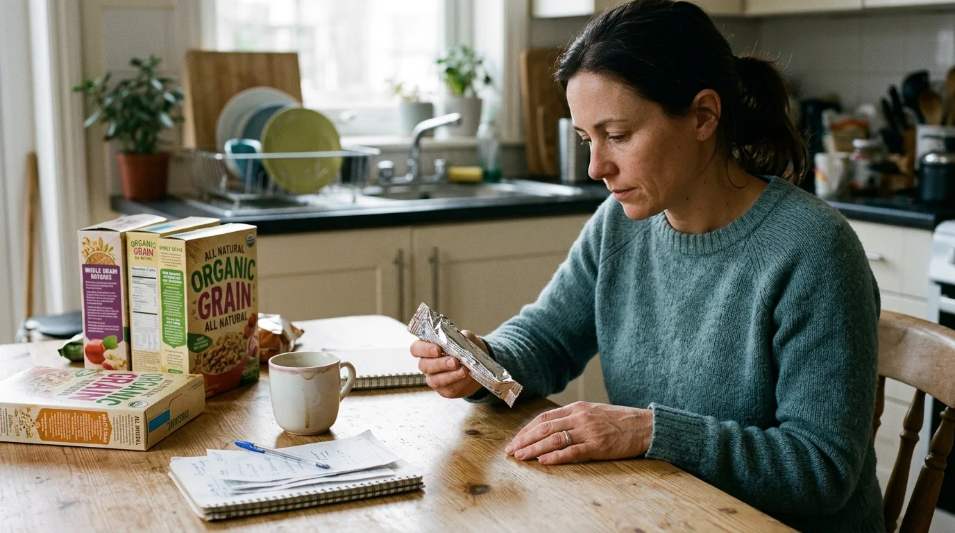 A woman sitting at a wooden kitchen table examining a packaged snack bar near cereal boxes.