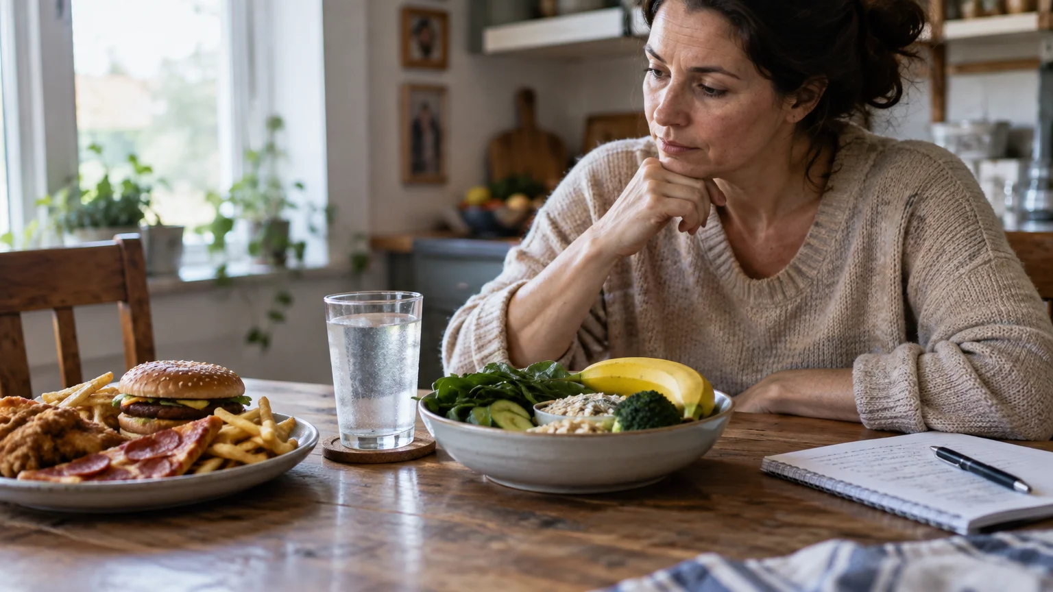 A woman sitting at a wooden table looks thoughtfully between a plate of fast food and a bowl of fresh produce.