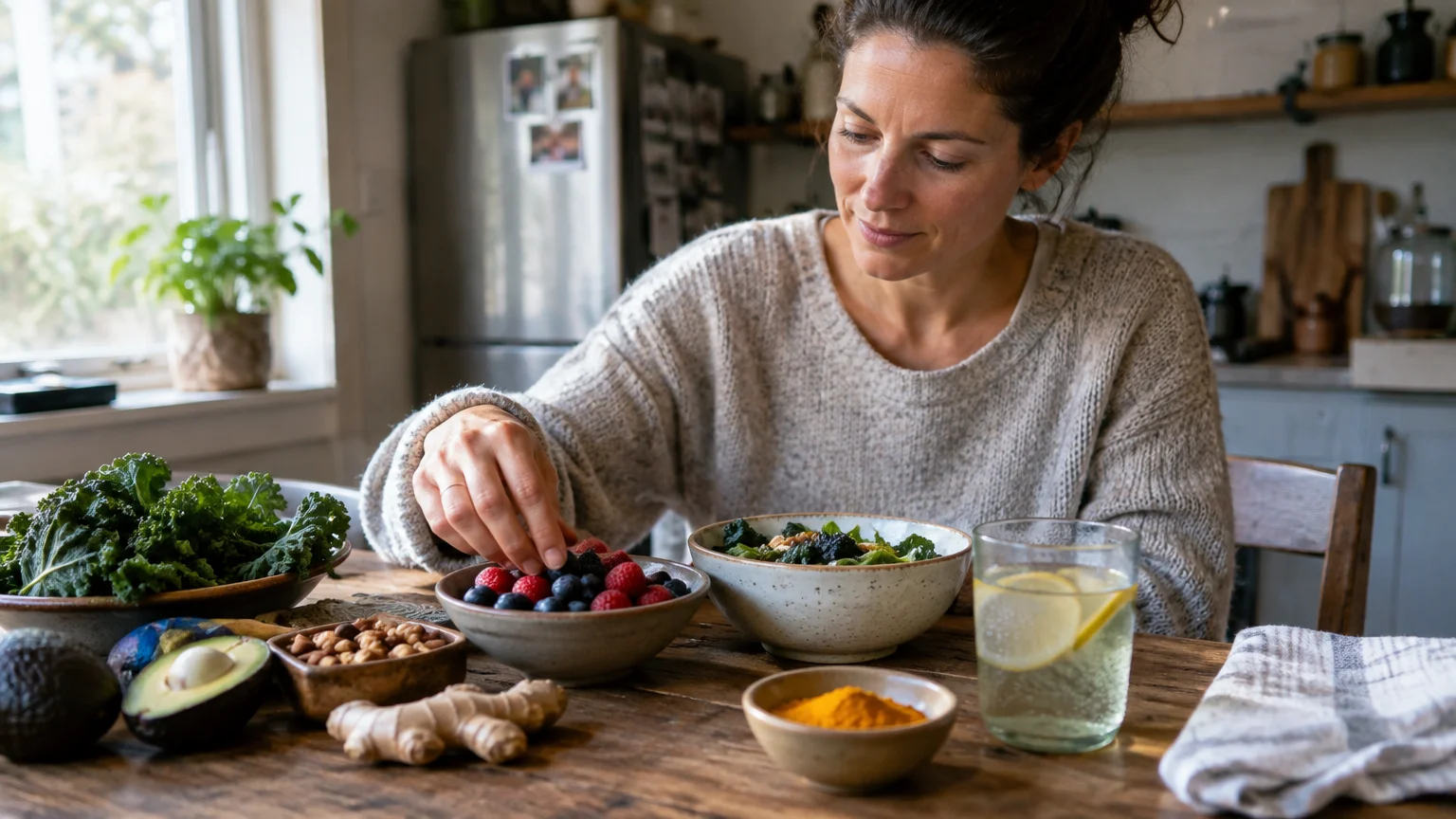 A woman sitting at a rustic wooden table surrounded by bowls of fresh berries, salad, kale, nuts, and turmeric.