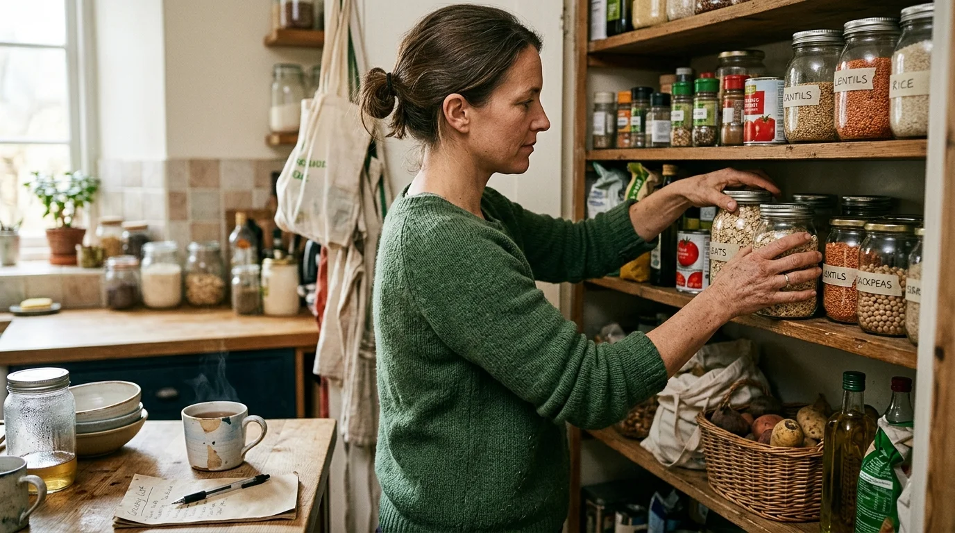 A woman in a green sweater organizes labeled glass jars of grains and legumes on wooden pantry shelves.