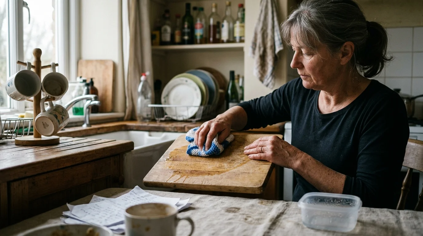 A woman sitting at a table wipes down a wooden cutting board with a blue-and-white cloth in a kitchen.