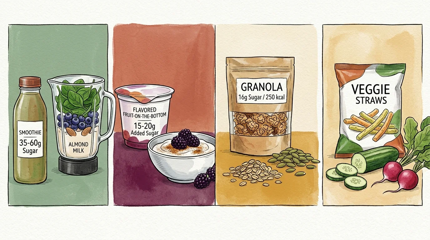 Four-panel illustration comparing bottled smoothies, flavored yogurt, granola, and veggie snacks with whole ingredients.