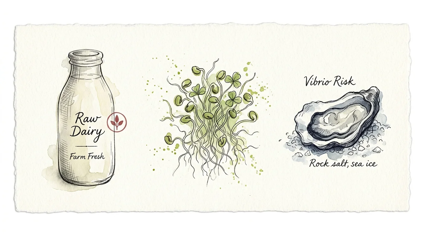 Watercolor illustration of a raw dairy bottle, sprouted greens, and a raw oyster on ice labeled Vibrio Risk.