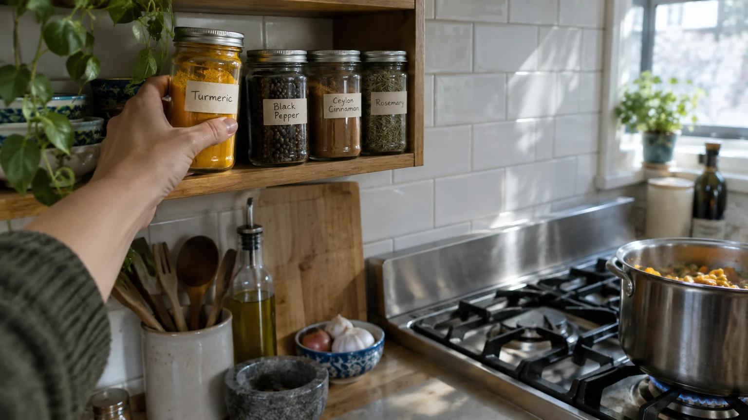 Hand reaching for a jar of turmeric on a wooden spice shelf mounted above a kitchen counter and stovetop.