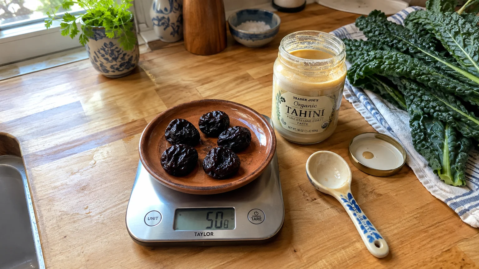 Five prunes weighing 50 grams on a digital scale beside a jar of tahini and fresh lacinato kale on a wooden counter.