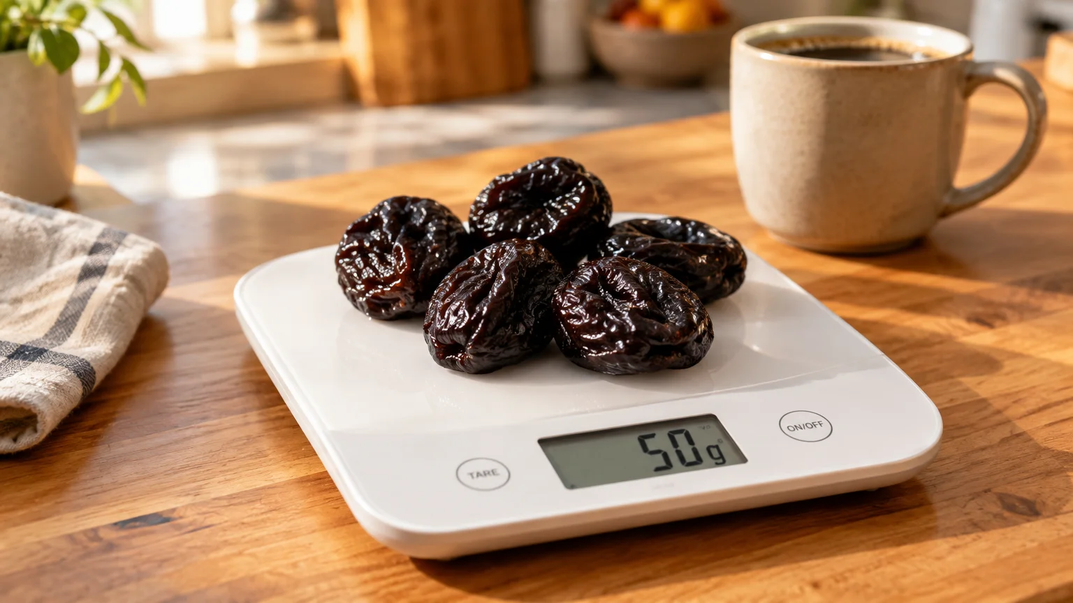 Five dark dried prunes resting on a white digital kitchen scale displaying exactly 50 grams on a wooden tabletop.