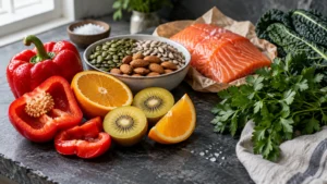 Fresh salmon fillet, red bell peppers, sliced kiwi, oranges, nuts, seeds, and leafy greens arranged on a dark counter.