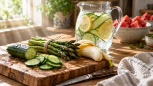 Sliced cucumber, asparagus, and a peeled banana on a cutting board beside infused water and bowls of watermelon.