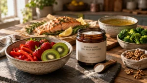 A jar of hydrolyzed collagen peptides surrounded by salmon, sliced kiwis, strawberries, walnuts, and broccoli on a table.