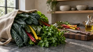 Fresh kale, rainbow chard, and parsley spilling from a burlap sack on a kitchen counter next to a cutting board.