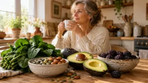 A woman drinking from a mug behind a wooden table filled with spinach, seeds, nuts, avocados, and blackberries.