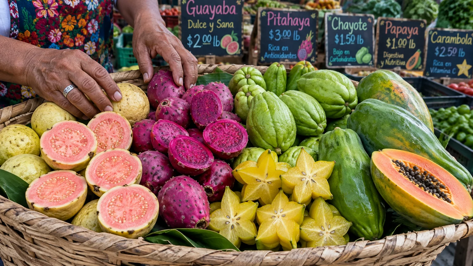 A woven market basket filled with halved guavas, magenta prickly pears, chayotes, star fruit, and papaya.