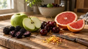 Sliced green apple, pink grapefruit, blackberries, cherries, and citrus zest arranged on a rustic wooden cutting board.