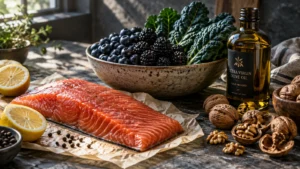 Fresh salmon fillet on parchment paper surrounded by lemons, berries, kale, olive oil, and whole walnuts on a rustic table.
