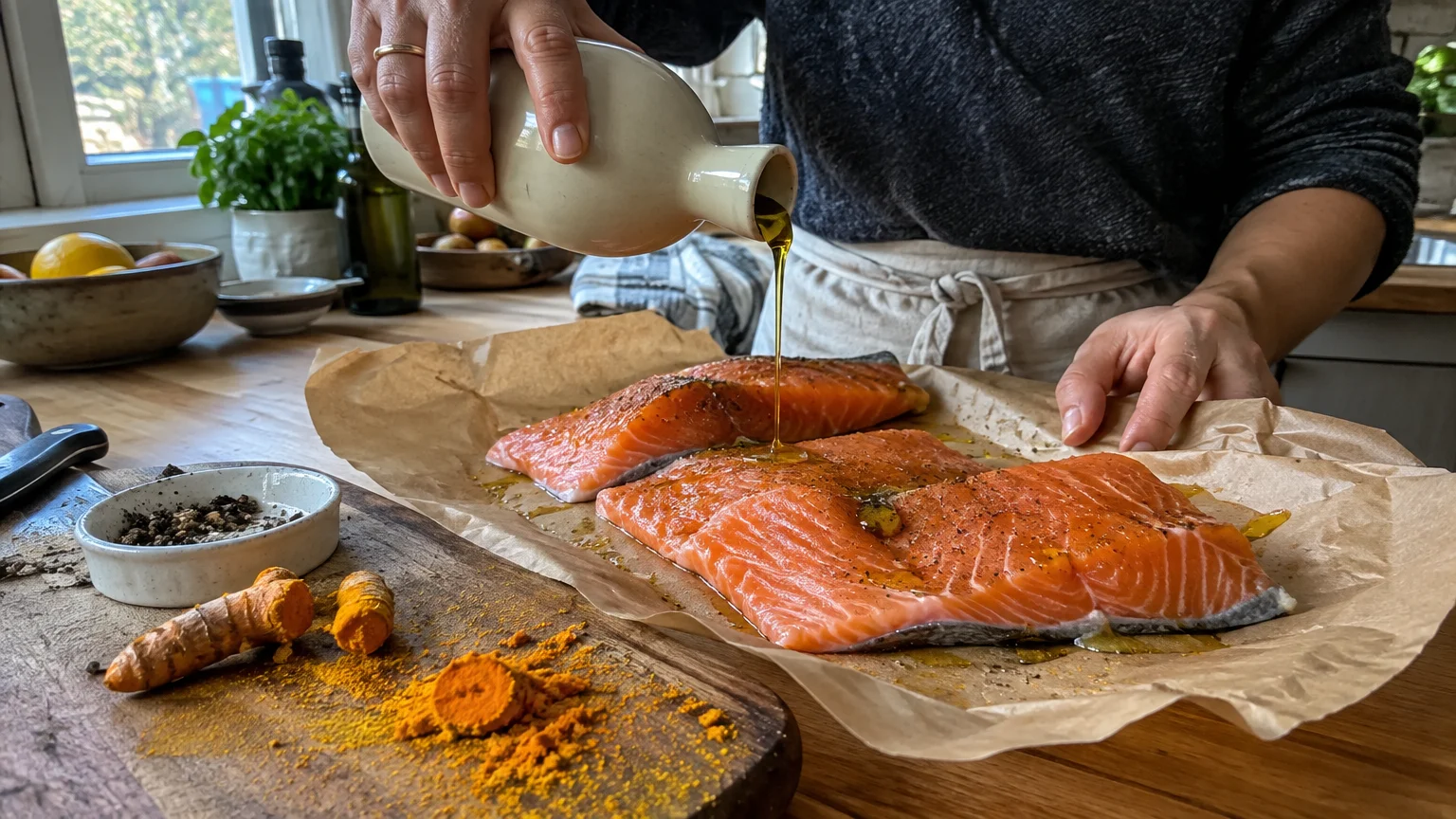 Hands pouring olive oil from a ceramic jug onto raw salmon fillets seasoned with spices on parchment paper.