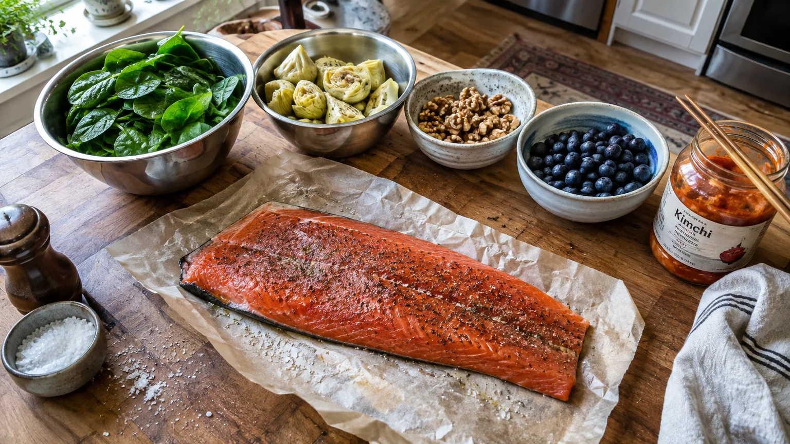 Raw salmon fillet on parchment paper surrounded by bowls of spinach, artichokes, walnuts, blueberries, and a jar of kimchi.