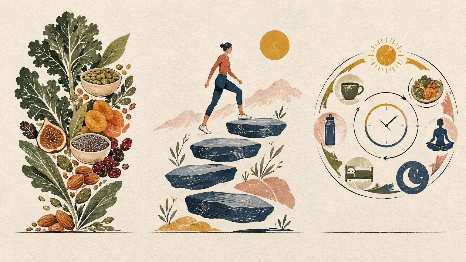 Illustration of nutrient-rich foods, a person stepping up stone stairs toward the sun, and a circular daily routine clock.