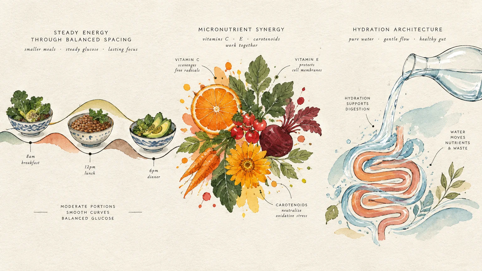 Infographic showing meal spacing along a glucose curve, an arrangement of antioxidant-rich produce, and digestive hydration.