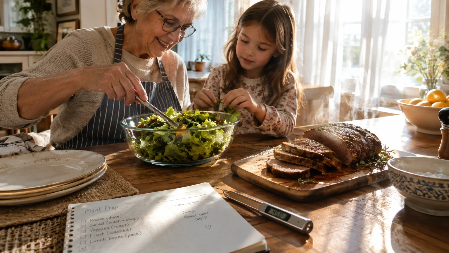 An older woman and a young girl prepare a salad near sliced roast meat, a digital meat thermometer, and a prep notebook.