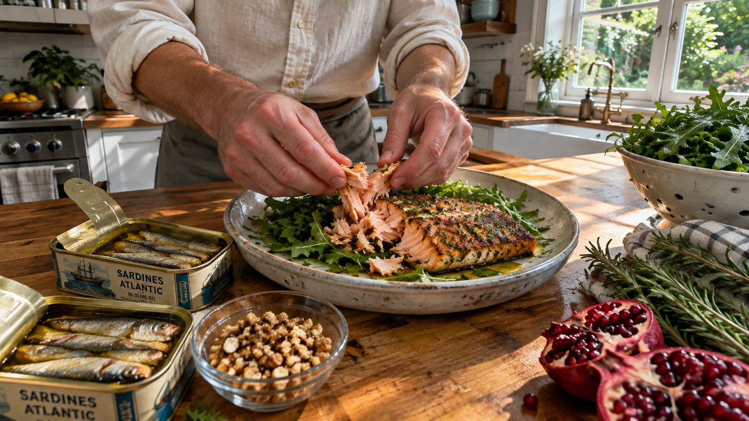 Man flaking cooked salmon onto greens, beside opened tins of sardines, walnuts, and pomegranate on a counter.