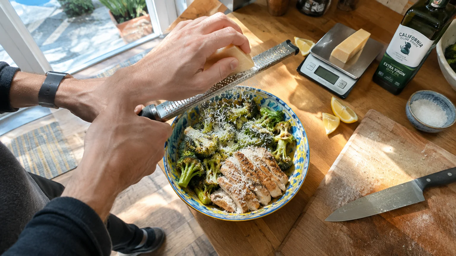 A person grating cheese with a microplane over a bowl of roasted broccoli and sliced chicken breast on a counter.